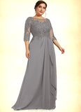 Ella A-Line Scoop Neck Floor-Length Chiffon Lace Mother of the Bride Dress With Beading Sequins Cascading Ruffles STG126P0014529