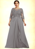 Ella A-Line Scoop Neck Floor-Length Chiffon Lace Mother of the Bride Dress With Beading Sequins Cascading Ruffles STG126P0014529