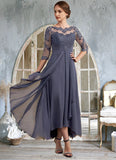 Perla A-Line Scoop Neck Asymmetrical Chiffon Lace Mother of the Bride Dress With Ruffle STG126P0014531