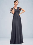 Milagros A-line V-Neck Floor-Length Chiffon Lace Mother of the Bride Dress With Sequins STG126P0014542