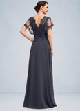 Milagros A-line V-Neck Floor-Length Chiffon Lace Mother of the Bride Dress With Sequins STG126P0014542