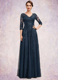 Simone A-Line V-neck Floor-Length Tulle Lace Mother of the Bride Dress With Sequins STG126P0014543