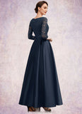 Ayla A-Line V-neck Ankle-Length Satin Lace Mother of the Bride Dress With Beading STG126P0014545