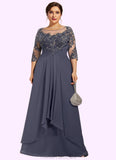 Mavis A-Line Scoop Neck Floor-Length Chiffon Lace Mother of the Bride Dress With Cascading Ruffles STG126P0014550