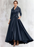 Miley A-Line V-neck Asymmetrical Satin Mother of the Bride Dress With Bow(s) Pockets STG126P0014553