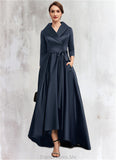Miley A-Line V-neck Asymmetrical Satin Mother of the Bride Dress With Bow(s) Pockets STG126P0014553