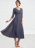 Anastasia A-line V-Neck Tea-Length Chiffon Lace Mother of the Bride Dress With Beading STG126P0014554