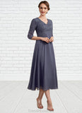 Anastasia A-line V-Neck Tea-Length Chiffon Lace Mother of the Bride Dress With Beading STG126P0014554