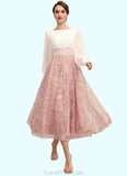 Mikaela A-Line Scoop Neck Tea-Length Chiffon Lace Mother of the Bride Dress With Beading STG126P0014557