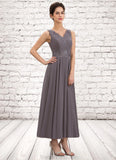 Ruby A-line V-Neck Ankle-Length Chiffon Mother of the Bride Dress With Beading Appliques Lace Sequins STG126P0014558
