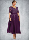 Prudence A-line V-Neck Tea-Length Chiffon Lace Mother of the Bride Dress With Sequins STG126P0014561
