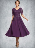 Prudence A-line V-Neck Tea-Length Chiffon Lace Mother of the Bride Dress With Sequins STG126P0014561