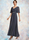 Kiana A-Line V-neck Ankle-Length Chiffon Mother of the Bride Dress With Ruffle Beading Sequins STG126P0014564