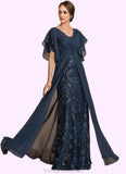 Zaria Sheath/Column V-neck Floor-Length Chiffon Lace Mother of the Bride Dress With Ruffle Sequins STG126P0014573