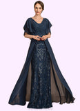Zaria Sheath/Column V-neck Floor-Length Chiffon Lace Mother of the Bride Dress With Ruffle Sequins STG126P0014573