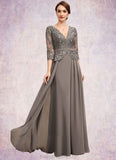 Catalina A-Line V-neck Floor-Length Chiffon Lace Mother of the Bride Dress With Sequins STG126P0014574