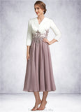 Karlee A-Line V-neck Tea-Length Chiffon Lace Mother of the Bride Dress STG126P0014575