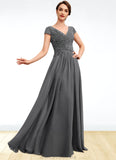 Miya A-Line V-neck Floor-Length Chiffon Mother of the Bride Dress With Ruffle Lace Beading Sequins STG126P0014582