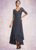 Julia A-line V-Neck Asymmetrical Chiffon Lace Mother of the Bride Dress With Beading Sequins STG126P0014584