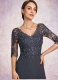 Julia A-line V-Neck Asymmetrical Chiffon Lace Mother of the Bride Dress With Beading Sequins STG126P0014584