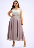 Lillianna A-Line V-neck Tea-Length Chiffon Lace Mother of the Bride Dress STG126P0014588