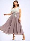 Lillianna A-Line V-neck Tea-Length Chiffon Lace Mother of the Bride Dress STG126P0014588