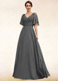 Kaliyah A-line V-Neck Floor-Length Chiffon Lace Mother of the Bride Dress With Beading Sequins STG126P0014589
