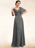 Kaliyah A-line V-Neck Floor-Length Chiffon Lace Mother of the Bride Dress With Beading Sequins STG126P0014589