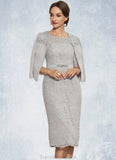 Aliya Sheath/Column Scoop Neck Knee-Length Chiffon Lace Mother of the Bride Dress With Beading STG126P0014605