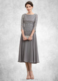Cara A-Line Scoop Neck Tea-Length Chiffon Lace Mother of the Bride Dress STG126P0014648