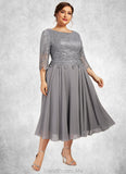 Cara A-Line Scoop Neck Tea-Length Chiffon Lace Mother of the Bride Dress STG126P0014648