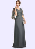 Arielle A-Line V-neck Floor-Length Chiffon Lace Mother of the Bride Dress With Beading Sequins STG126P0014674
