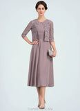 Riley A-Line Scoop Neck Tea-Length Chiffon Mother of the Bride Dress With Ruffle STG126P0014679