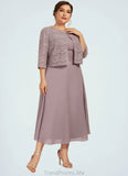Riley A-Line Scoop Neck Tea-Length Chiffon Mother of the Bride Dress With Ruffle STG126P0014679