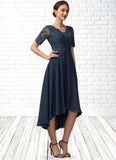 Aubrey A-line V-Neck Asymmetrical Chiffon Lace Mother of the Bride Dress With Sequins STG126P0014686