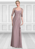 Emily A-Line Sweetheart Floor-Length Chiffon Lace Mother of the Bride Dress With Beading Sequins Cascading Ruffles STG126P0014692