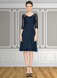 Lilian A-Line V-neck Knee-Length Chiffon Lace Mother of the Bride Dress With Cascading Ruffles STG126P0014695