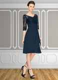 Lilian A-Line V-neck Knee-Length Chiffon Lace Mother of the Bride Dress With Cascading Ruffles STG126P0014695