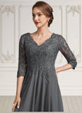 Mila A-line V-Neck Tea-Length Chiffon Lace Mother of the Bride Dress With Beading Sequins STG126P0014702