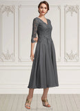 Mila A-line V-Neck Tea-Length Chiffon Lace Mother of the Bride Dress With Beading Sequins STG126P0014702