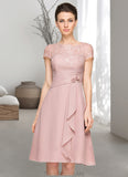 Everly A-Line Scoop Neck Knee-Length Chiffon Lace Mother of the Bride Dress With Beading Flower(s) Sequins Cascading Ruffles STG126P0014704