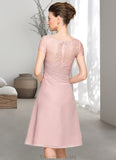 Everly A-Line Scoop Neck Knee-Length Chiffon Lace Mother of the Bride Dress With Beading Flower(s) Sequins Cascading Ruffles STG126P0014704