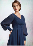 Aubrey A-Line V-neck Tea-Length Chiffon Mother of the Bride Dress With Ruffle STG126P0014707
