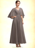 Ellie A-Line V-neck Ankle-Length Chiffon Mother of the Bride Dress With Ruffle Beading STG126P0014723