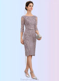 Kristina Sheath/Column Scoop Neck Knee-Length Satin Lace Mother of the Bride Dress With Beading Bow(s) STG126P0014727