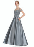 Payton A-Line V-neck Floor-Length Satin Lace Mother of the Bride Dress With Beading Sequins STG126P0014730