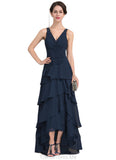 Maryjane A-Line V-neck Asymmetrical Chiffon Mother of the Bride Dress With Beading Sequins Cascading Ruffles STG126P0014733