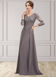 Emma A-Line V-neck Floor-Length Chiffon Lace Mother of the Bride Dress With Ruffle STG126P0014735