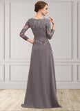 Emma A-Line V-neck Floor-Length Chiffon Lace Mother of the Bride Dress With Ruffle STG126P0014735