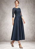 Zara A-Line Scoop Neck Tea-Length Satin Lace Mother of the Bride Dress With Sequins STG126P0014736
